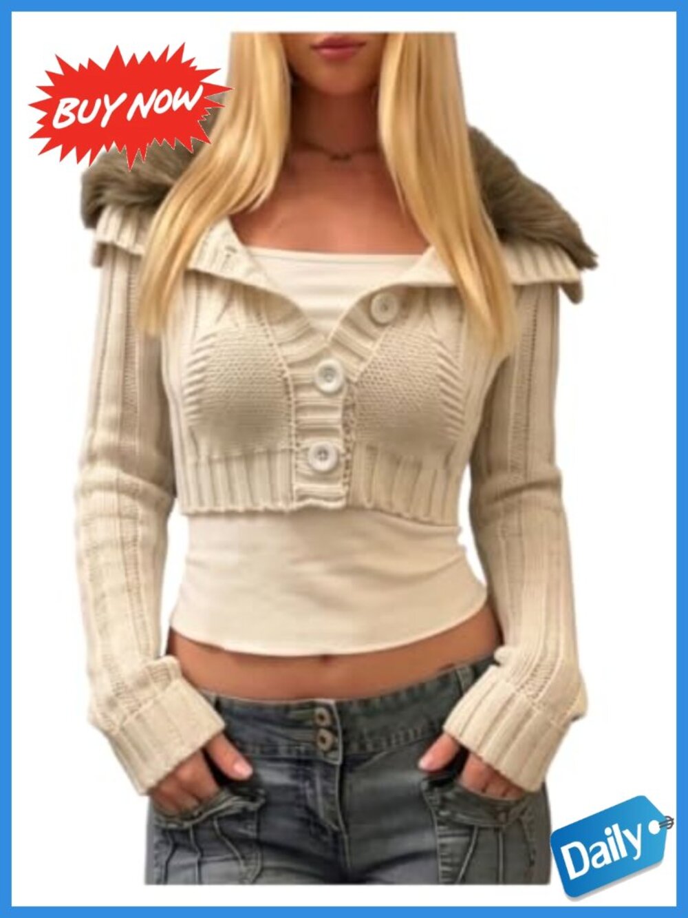 Faux Fur Hooded Cropped Cardigan Button Up Y2K Knit Sweater